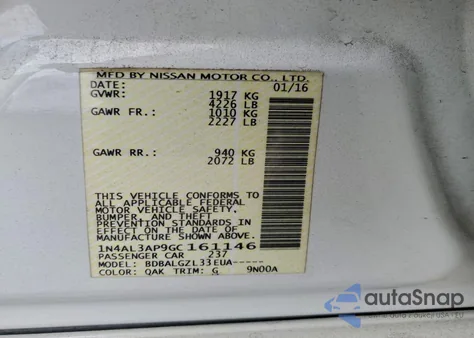 2016 Nissan Altima 2.5 z USA, uszkodzony, nr VIN 1N4AL3AP9GC161146